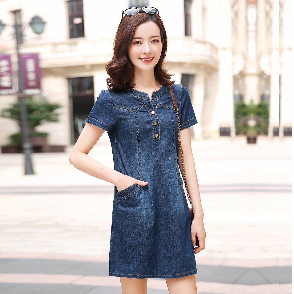 ĐẦM JEAN SUÔNG CỔ TRỤ TÚI XÉO